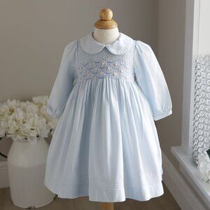 Blue Smocked Dress Long Sleeve Embroidery 100% Cotton 18 Mo Traditional Classic